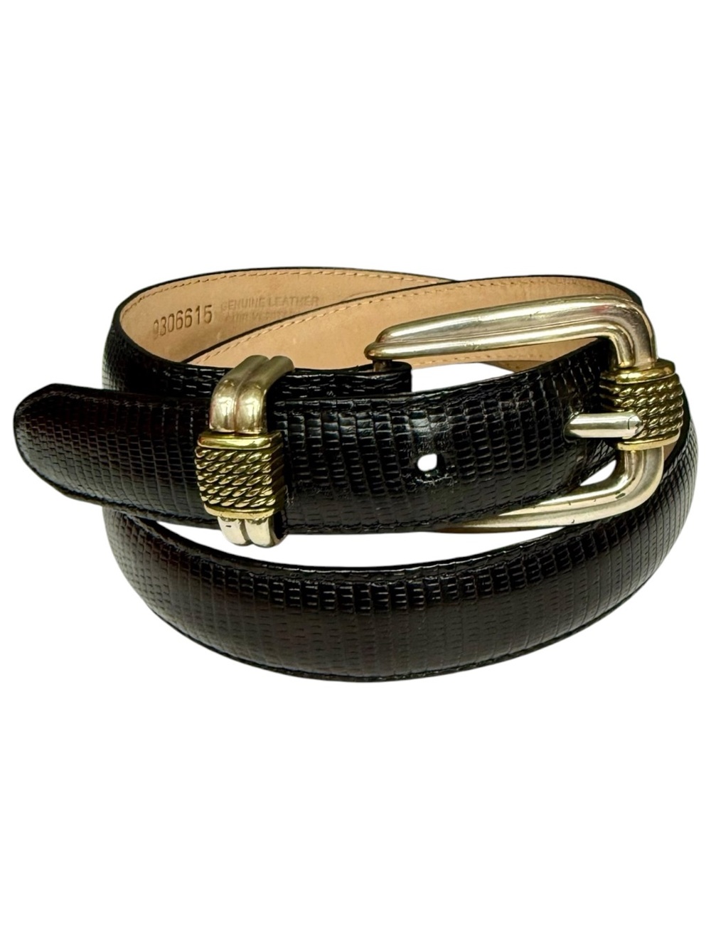 Talbots Vintage Black Croc Embossed Leather Belt Medium Gold Tone 1” Wide
